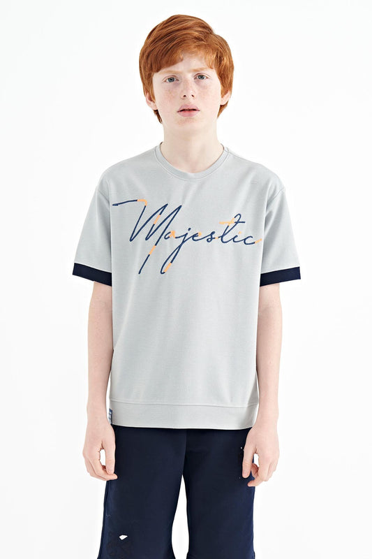 Grey Front Print Embroidered O Collar Oversize Boys T-Shirt - 11147