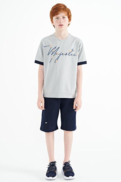 Grey Front Print Embroidered O Collar Oversize Boys T-Shirt - 11147