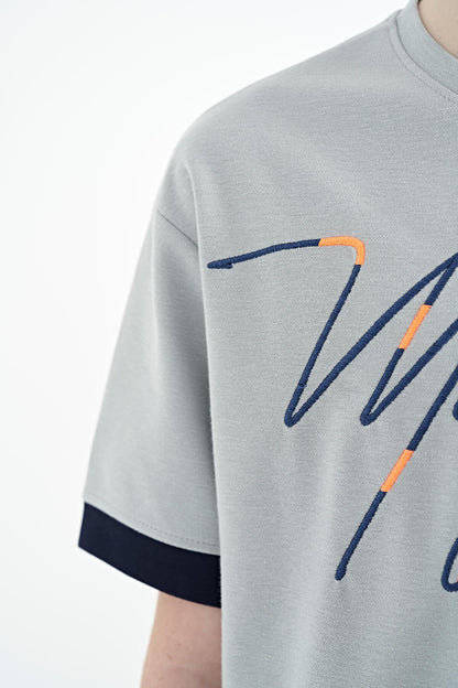 Grey Front Print Embroidered O Collar Oversize Boys T-Shirt - 11147