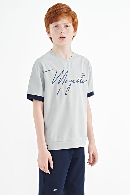 Grey Front Print Embroidered O Collar Oversize Boys T-Shirt - 11147