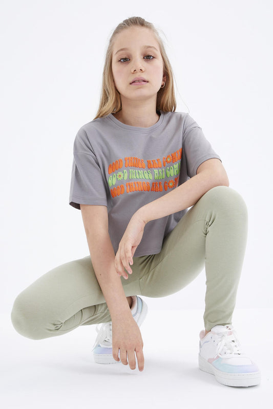 Oversized Grey Colorful Print Drop Shoulder O-Neck Girls Crop T-Shirt - 75038