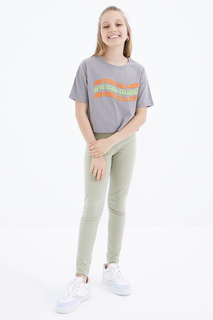 Oversized Grey Colorful Print Drop Shoulder O-Neck Girls Crop T-Shirt - 75038
