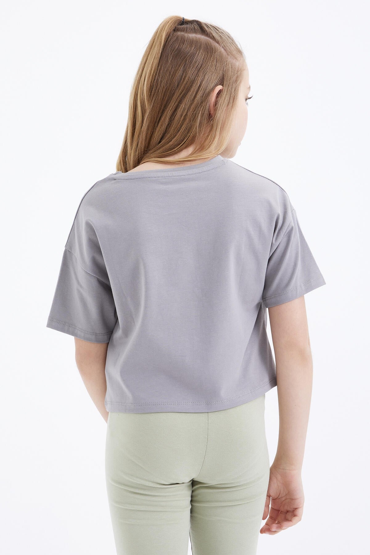 Oversized Grey Colorful Print Drop Shoulder O-Neck Girls Crop T-Shirt - 75038