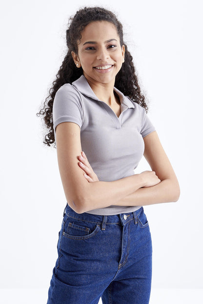 Women's Basic Polo Collar Short Sleeve Crop Top T-Shirt - 97208