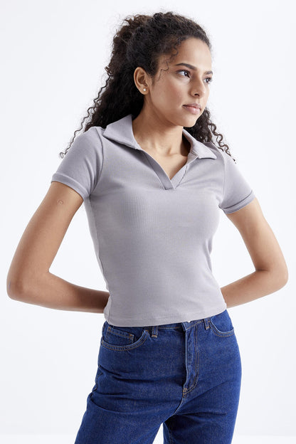 Women's Basic Polo Collar Short Sleeve Crop Top T-Shirt - 97208
