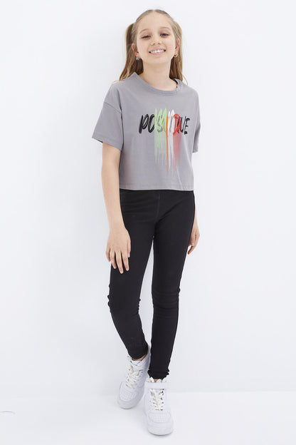 Grey Color Printed O Collar Oversize Drop Shoulder Girls Crop T-Shirt - 75036