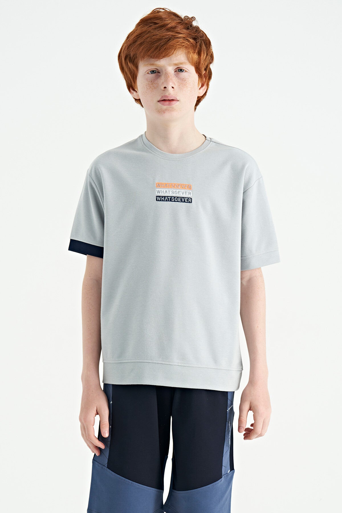 Gray Embroidered O Collar Oversize Boys T-Shirt - 11146