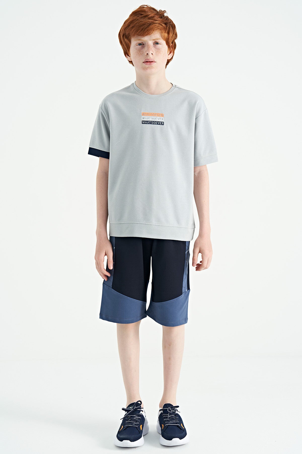 Gray Embroidered O Collar Oversize Boys T-Shirt - 11146