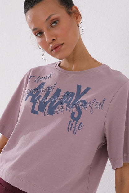 Dried Rose Asymmetric Print O Collar Women's Oversize T-Shirt - 97136