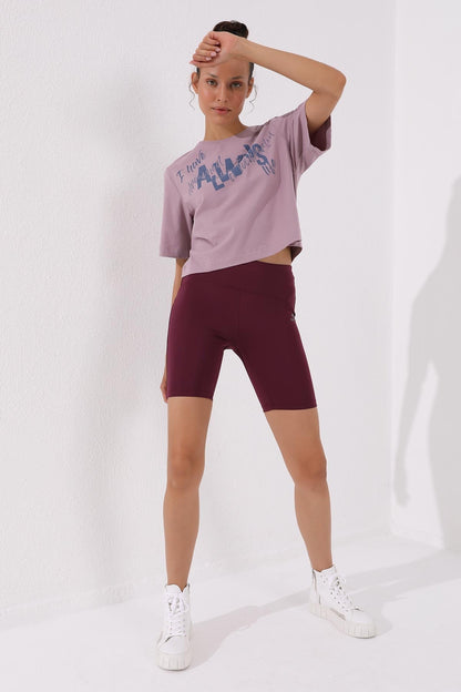 Dried Rose Asymmetric Print O Collar Women's Oversize T-Shirt - 97136