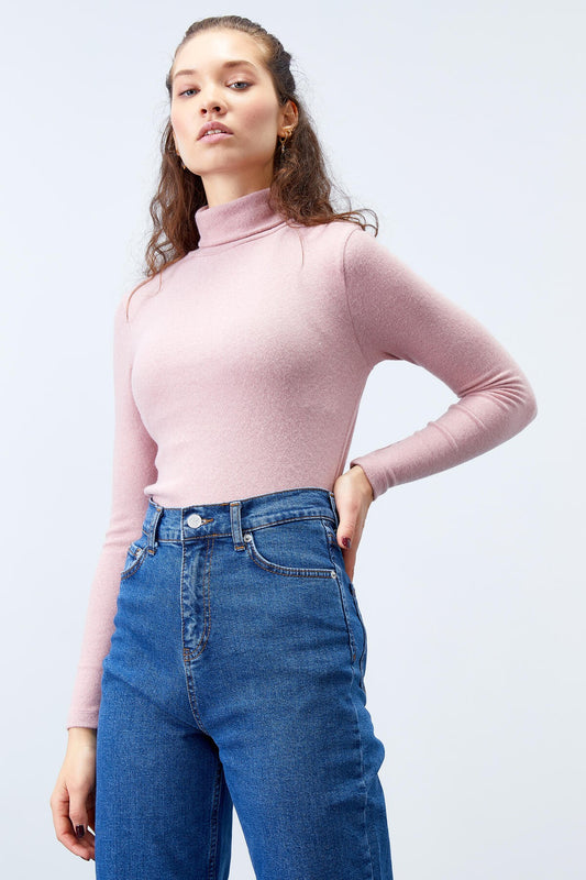 Dried Rose Sailor Collar Slim Fit Long Sleeve Knitted Body Women's Sweater - 97199