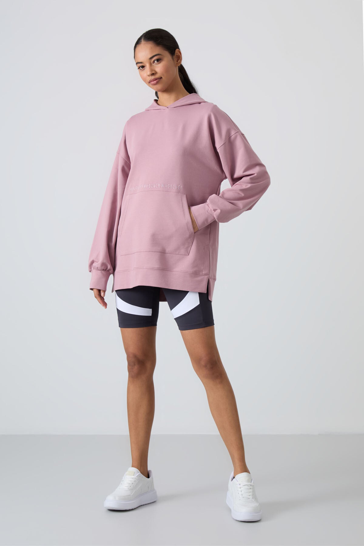 Dried Rose Balloon Sleeve Embroidered Women's Oversize Tunic Sweatshirt - 97163
