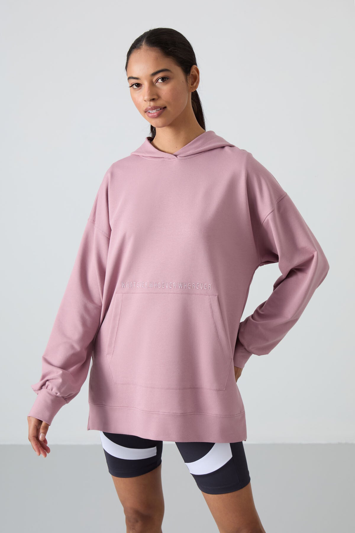 Dried Rose Balloon Sleeve Embroidered Women's Oversize Tunic Sweatshirt - 97163