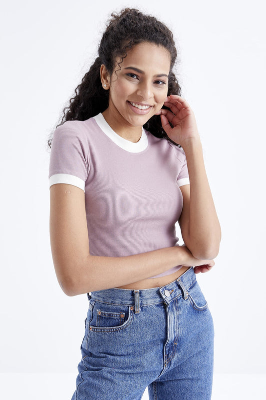 Dried Rose Basic Detailed O Neck Women's Crop Top T-Shirt - 97200