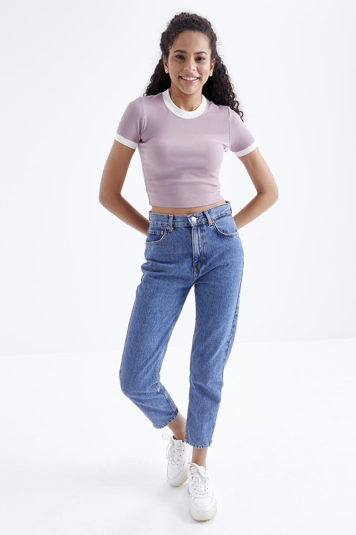 Dried Rose Basic Detailed O Neck Women's Crop Top T-Shirt - 97200