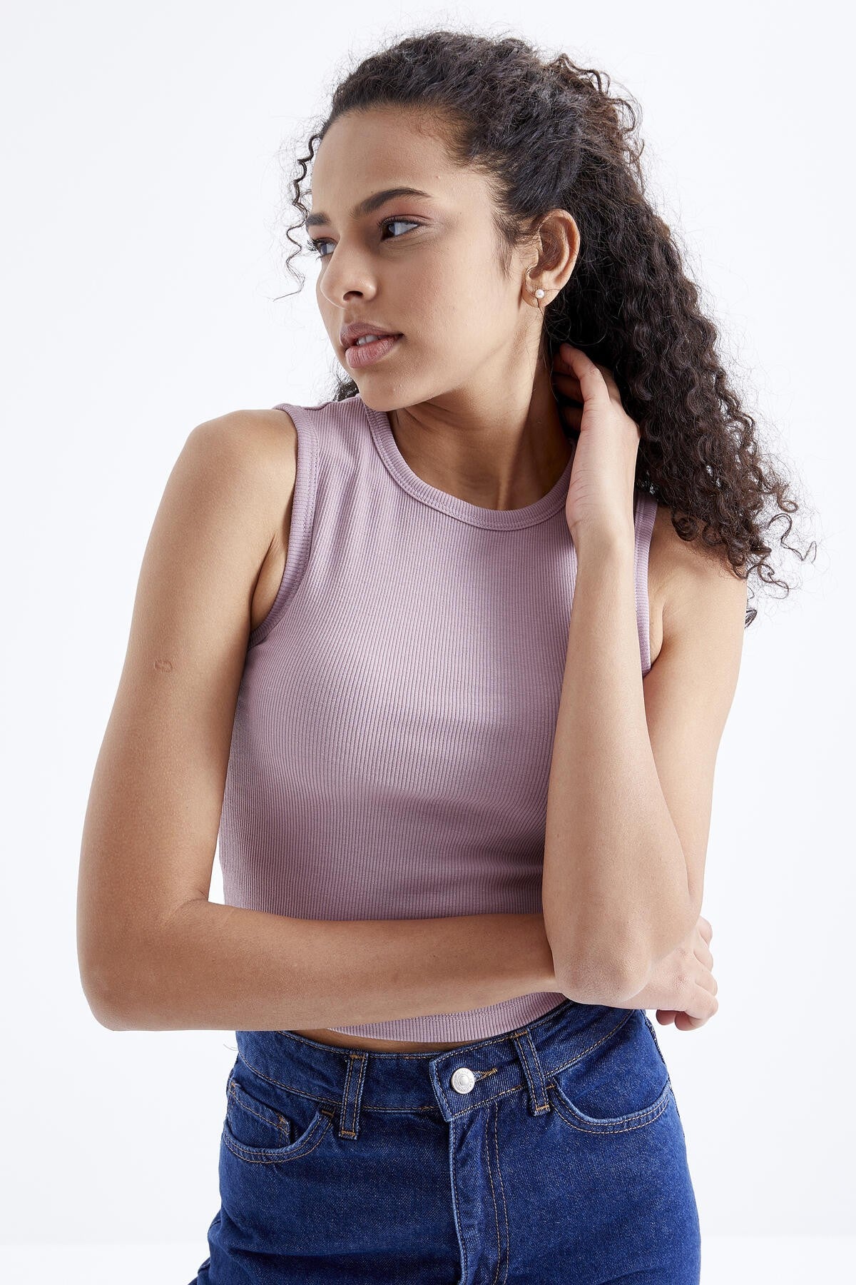 Dried Rose Basic Sleeveless O Neck Women's Crop Top Singlet - 97204