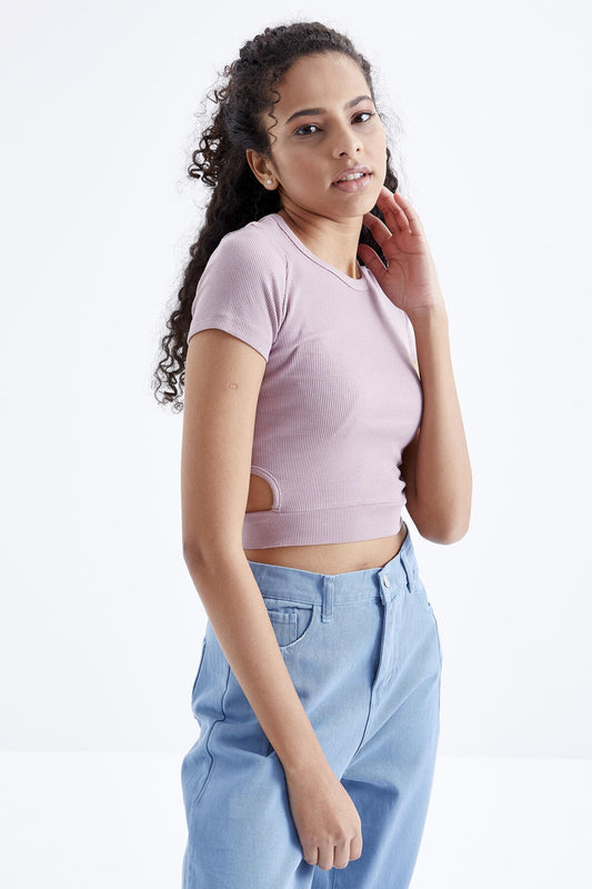 Dried Rose Basic Side Window O Collar Women's Crop Top T-Shirt - 97207