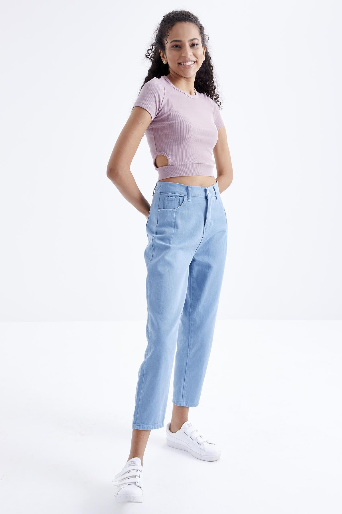 Dried Rose Basic Side Window O Collar Women's Crop Top T-Shirt - 97207