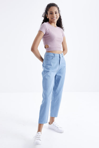 Dried Rose Basic Side Window O Collar Women's Crop Top T-Shirt - 97207