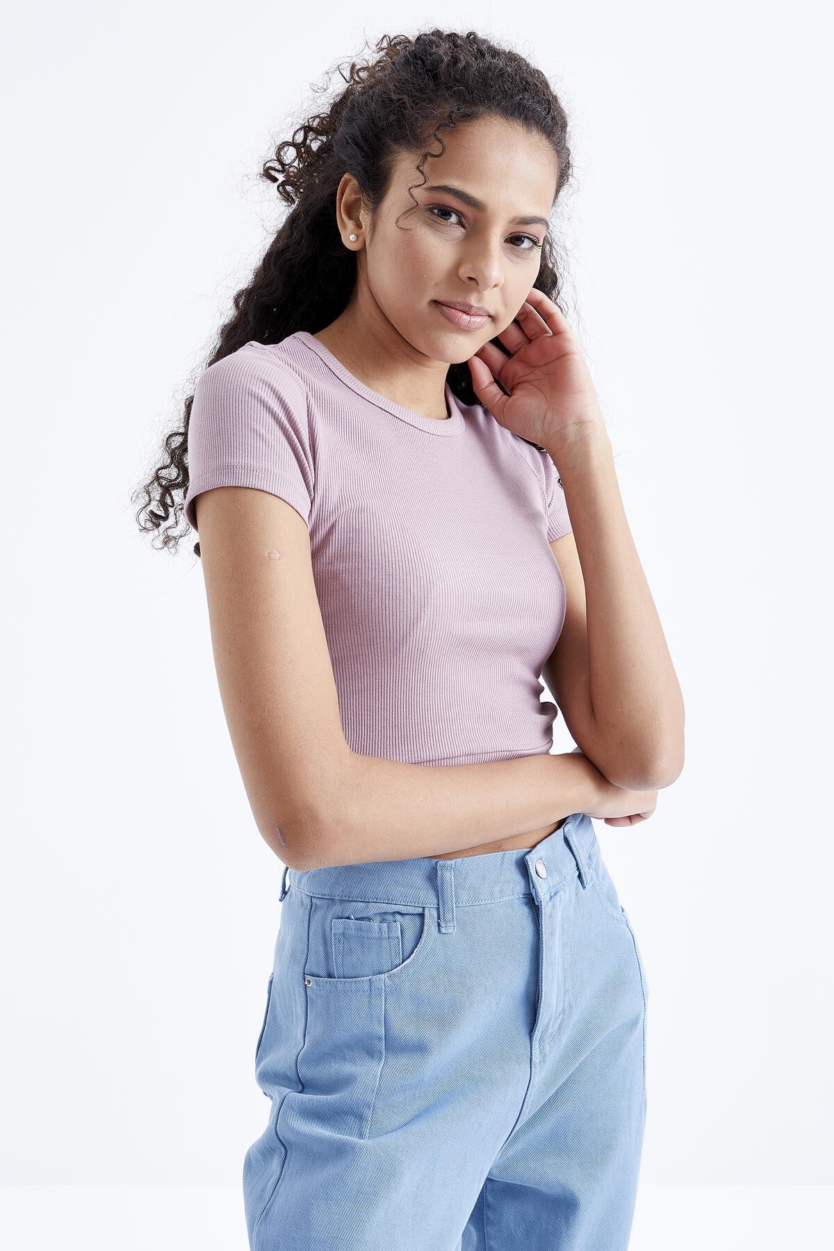 Dried Rose Basic Side Window O Collar Women's Crop Top T-Shirt - 97207