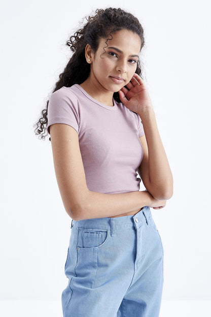 Dried Rose Basic Side Window O Collar Women's Crop Top T-Shirt - 97207