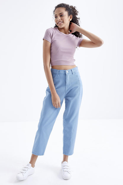 Dried Rose Basic Side Window O Collar Women's Crop Top T-Shirt - 97207