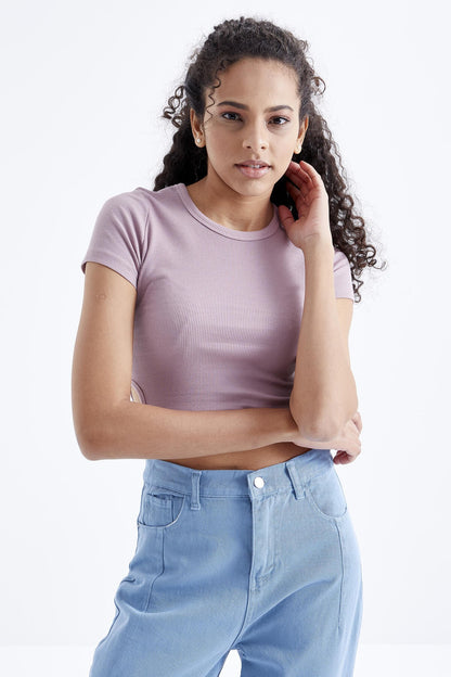 Dried Rose Basic Side Window O Collar Women's Crop Top T-Shirt - 97207