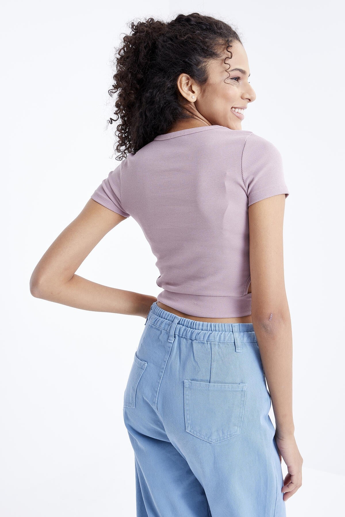 Dried Rose Basic Side Window O Collar Women's Crop Top T-Shirt - 97207