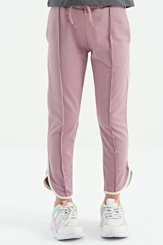 Dried Rose Pink Detailed Laced Front Panel Wide-Legged Girls' Tracksuit Bottom - 75124