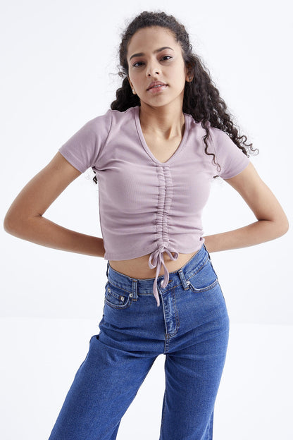 Dried Rose Detailed V Neck Women's Crop Top T-Shirt - 97205