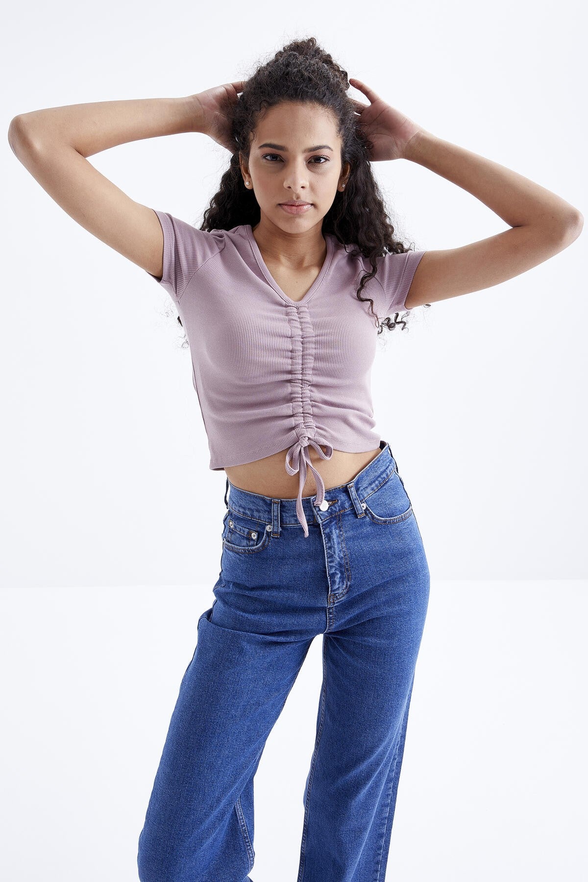 Dried Rose Detailed V Neck Women's Crop Top T-Shirt - 97205