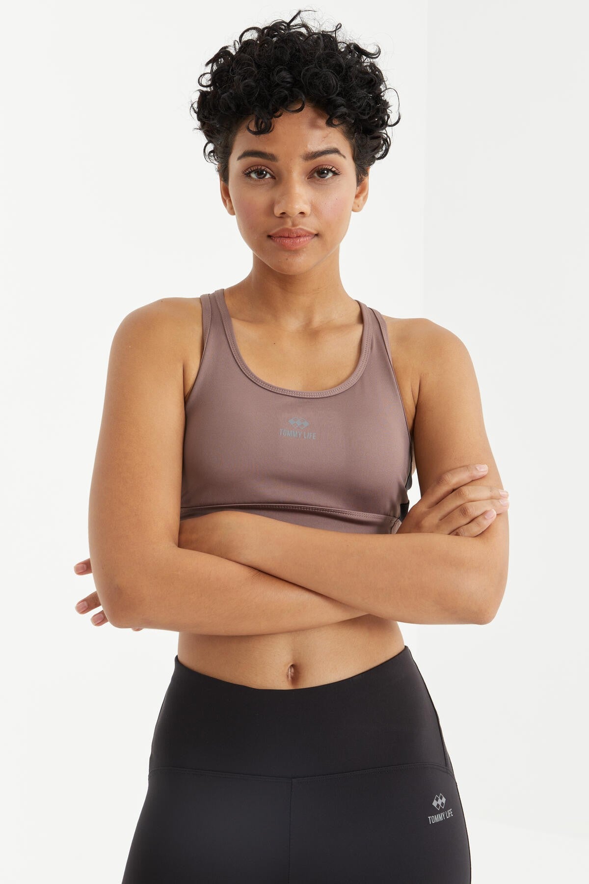 Dried Rose Cross Back Detailed Slim Fit U Collar Padded Women's Sports Bra - 97121