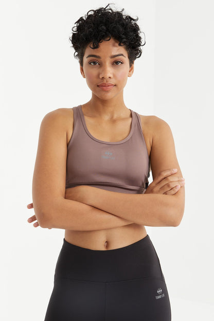 Dried Rose Cross Back Detailed Slim Fit U Collar Padded Women's Sports Bra - 97121