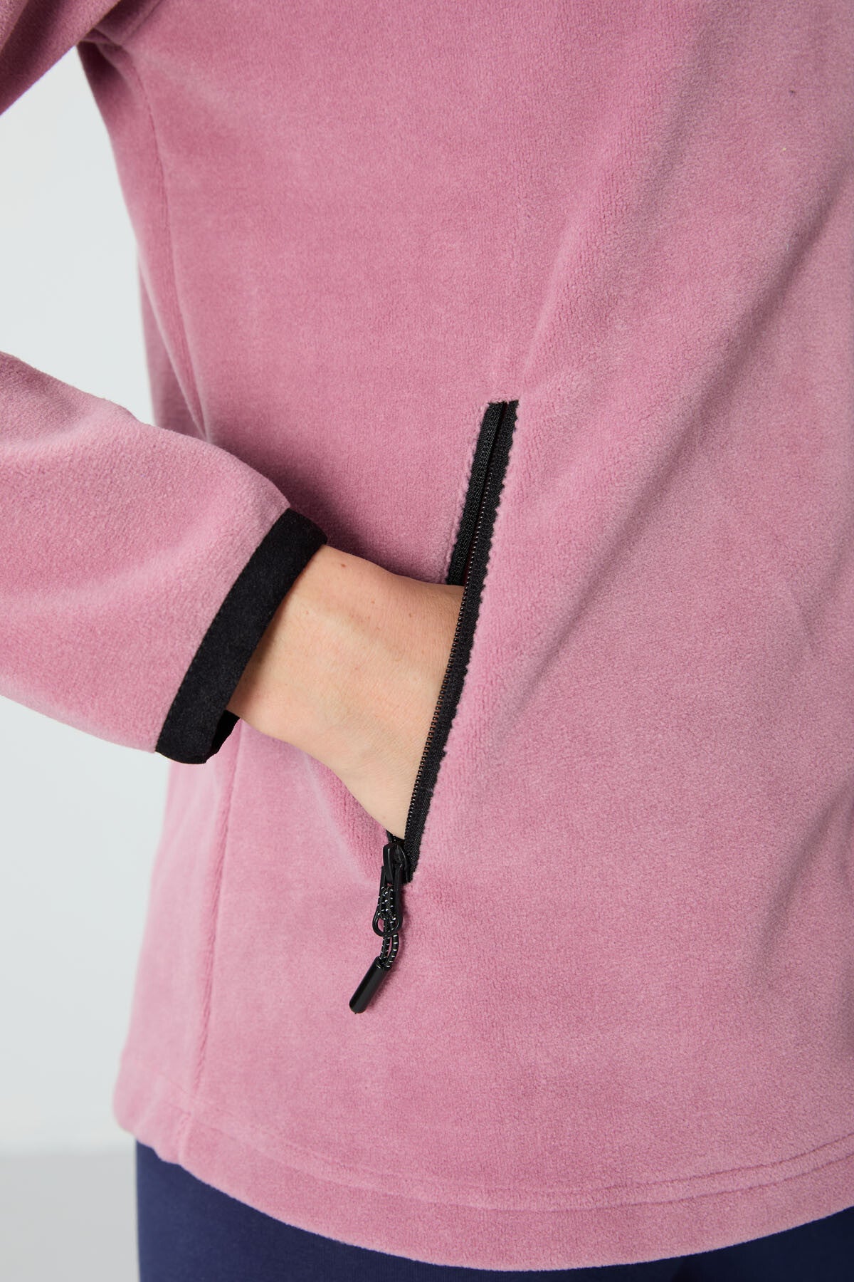 Dried Rose Stand Collar Zippered Comfort Fit Women's Fleece Sweatshirt - 97173