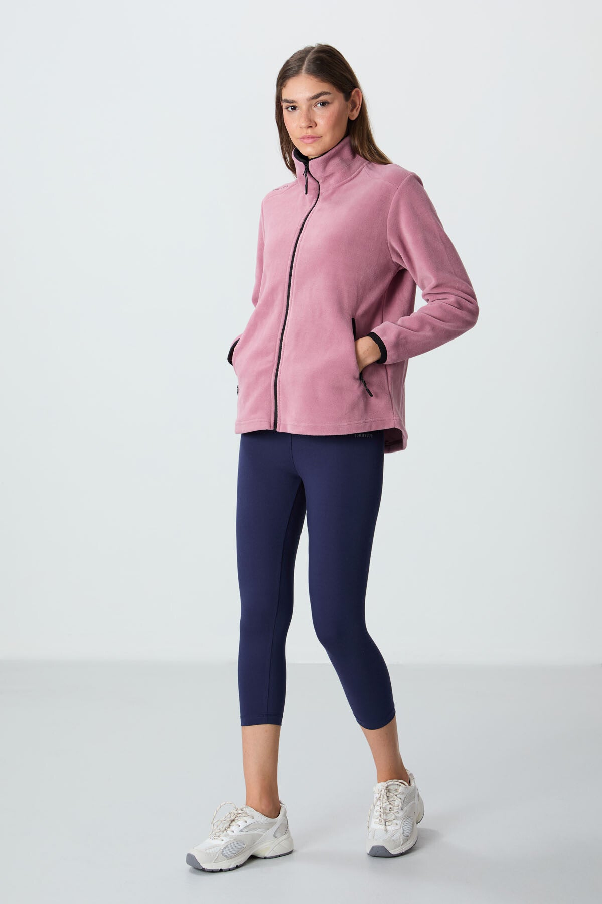 Dried Rose Stand Collar Zippered Comfort Fit Women's Fleece Sweatshirt - 97173