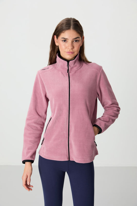 Dried Rose Stand Collar Zippered Comfort Fit Women's Fleece Sweatshirt - 97173