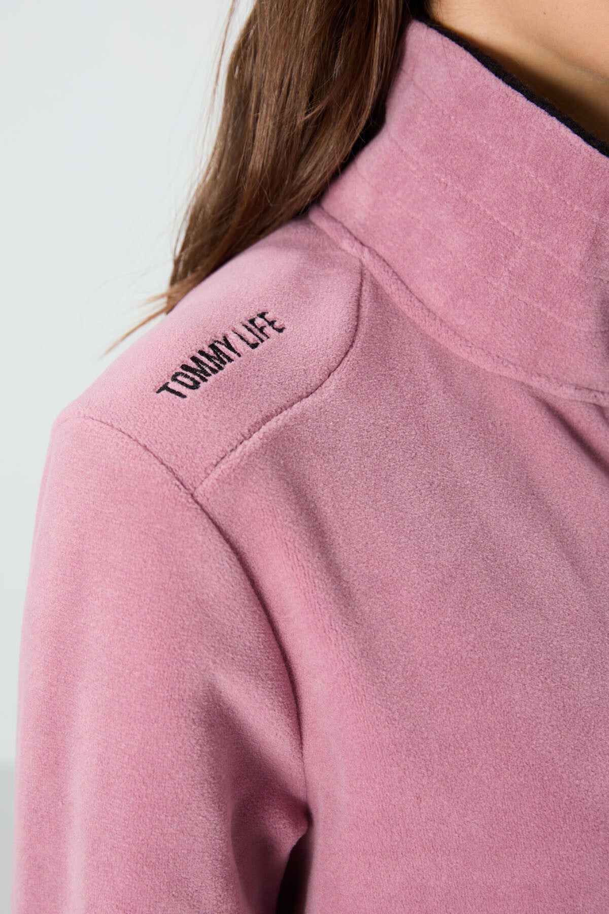 Dried Rose Stand Collar Zippered Comfort Fit Women's Fleece Sweatshirt - 97173