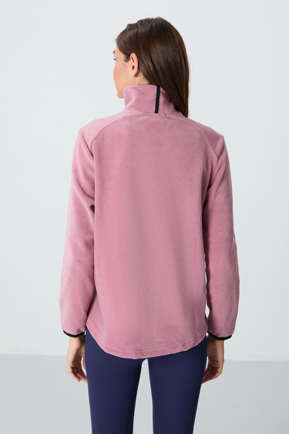 Dried Rose Stand Collar Zippered Comfort Fit Women's Fleece Sweatshirt - 97173