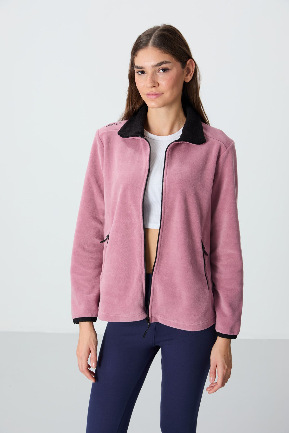 Dried Rose Stand Collar Zippered Comfort Fit Women's Fleece Sweatshirt - 97173