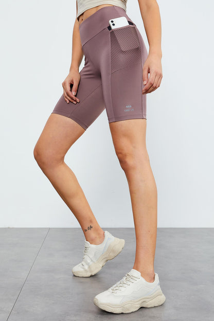 Dried Rose High Waist Wrap-up Women's Biker Tights with Side Pockets - 91010