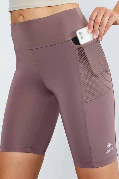 Dried Rose High Waist Wrap-up Women's Biker Tights with Side Pockets - 91010
