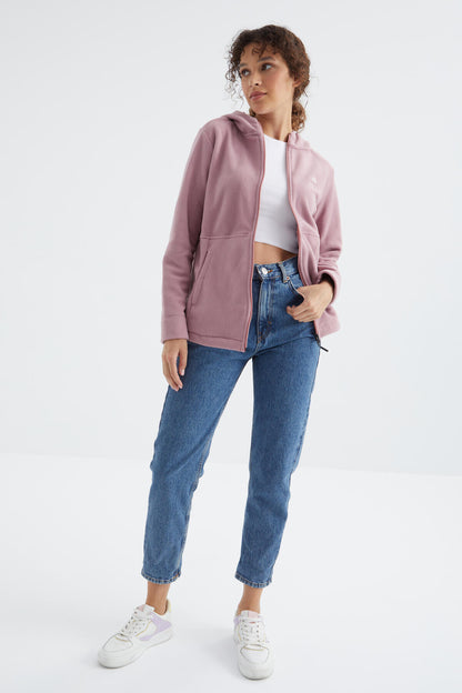 Dried Rose Hooded Zippered Comfort Fit Women's Fleece Sweatshirt - 97233