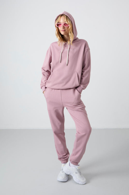 Dried Rose Hooded Kangaroo Pocket Oversize Elastic Cuff Women's Tracksuit Set - 95288