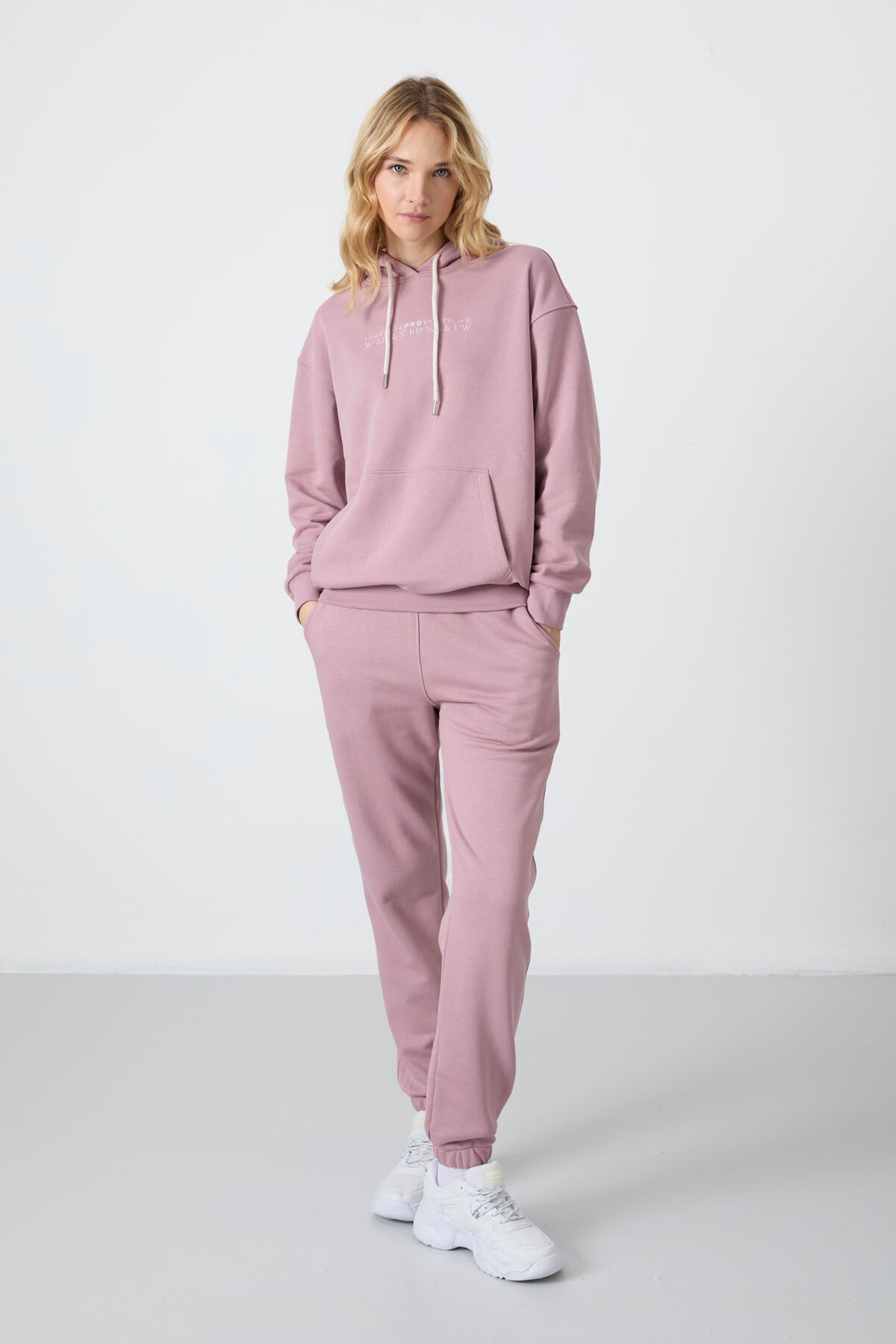 Dried Rose Hooded Kangaroo Pocket Oversize Elastic Cuff Women's Tracksuit Set - 95288
