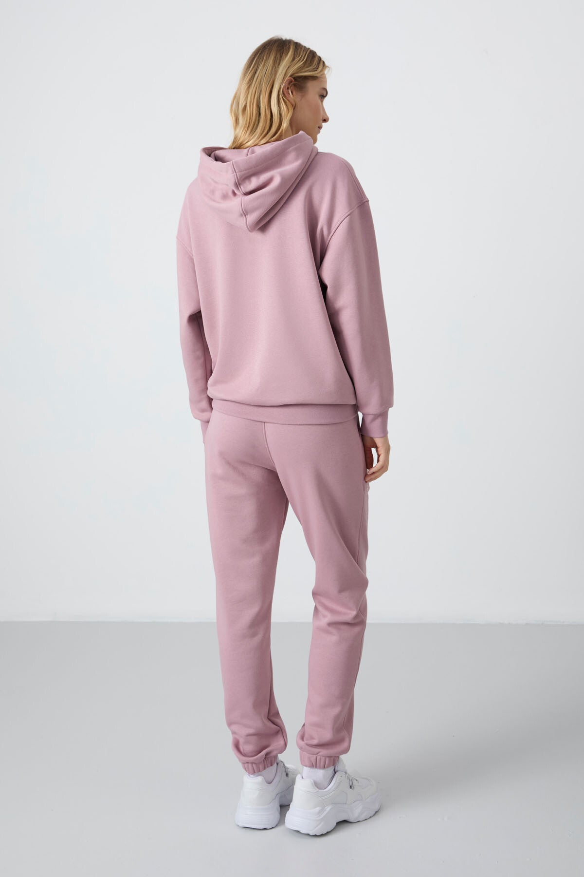 Dried Rose Hooded Kangaroo Pocket Oversize Elastic Cuff Women's Tracksuit Set - 95288