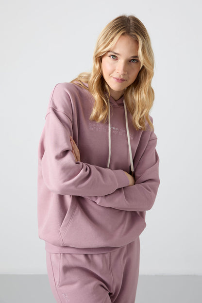 Dried Rose Hooded Kangaroo Pocket Oversize Elastic Cuff Women's Tracksuit Set - 95288