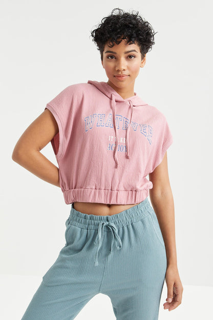 Dried Rose Hooded Printed Waist Elastic Crinkle Fabric Women's Crop Top T-Shirt - 97230