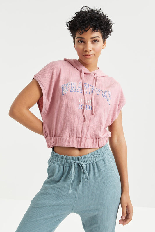 Dried Rose Hooded Printed Waist Elastic Crinkle Fabric Women's Crop Top T-Shirt - 97230