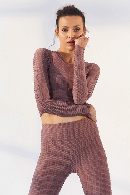 Dried Rose Self-Patterned O Collar Long Sleeve Women's Crop Top T-Shirt - 97153