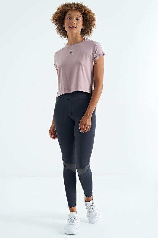 Dried Rose Logo Printed O Collar Low Sleeve Oversize Women's Crop T-Shirt - 97262